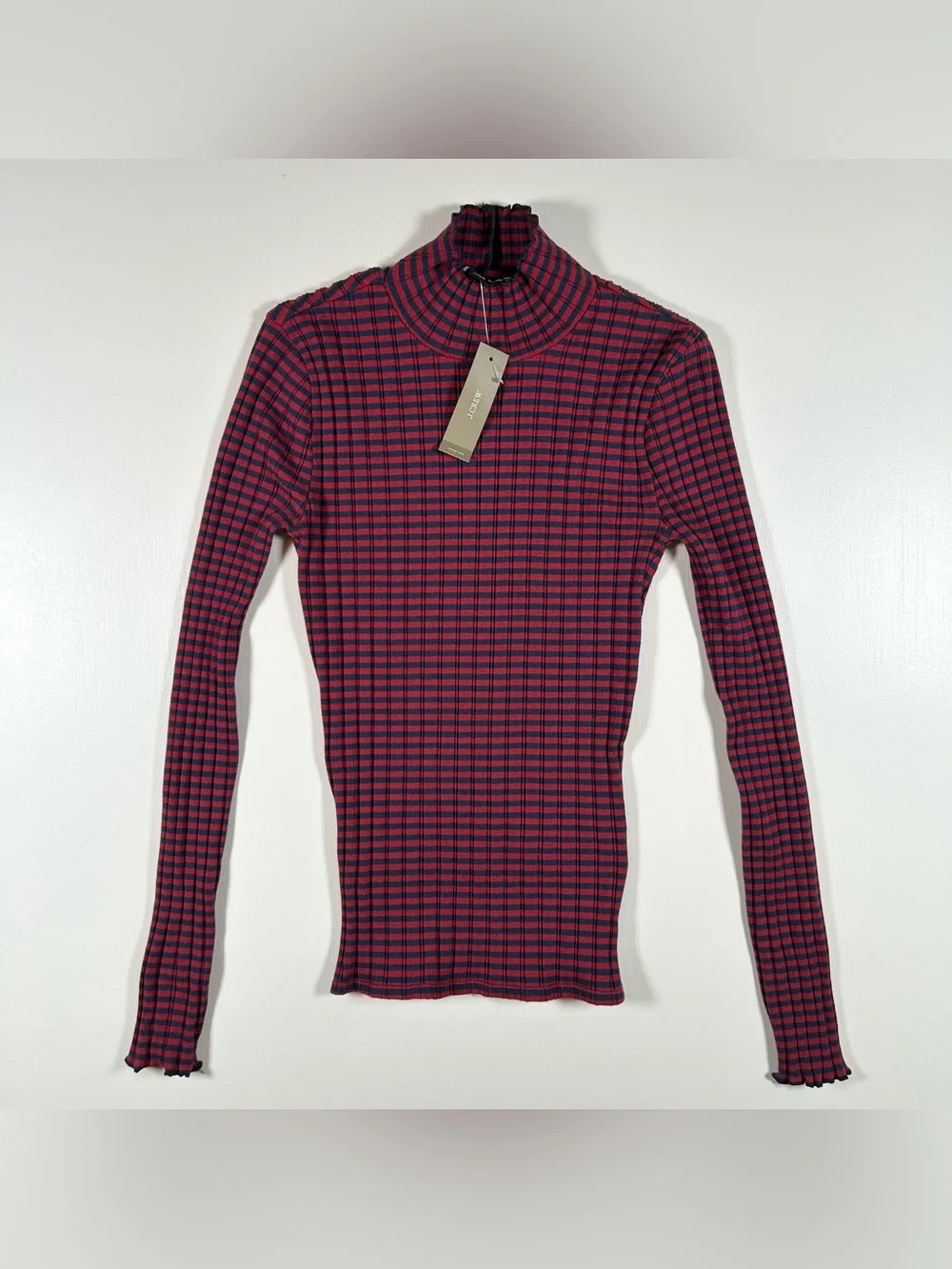 J Crew Pointelle Turtleneck Red Navy Stripe Scalloped Lettuce Trim Women’s XXS
